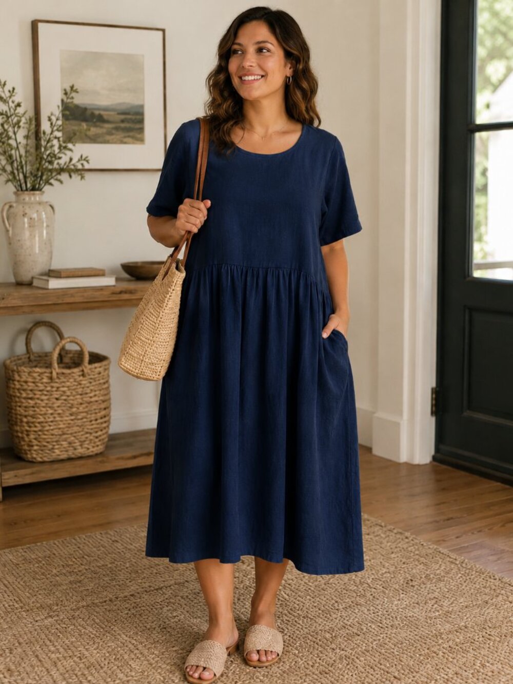 Mordenmiss Navy Cotton Linen Tunic Lagenlook Midi Dress with Pockets (XL)